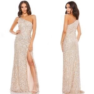 NWT Mac Duggal 10729M One Shoulder Sequin Dress Nude Gold Silver Maxi US 10